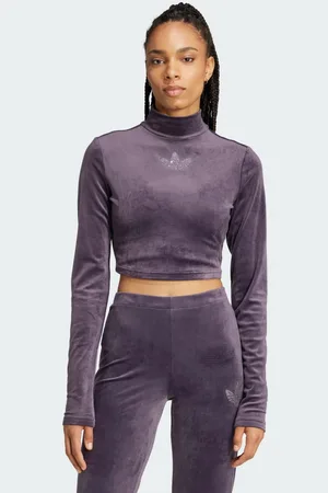 adidas Playera Corta Manga Larga Trifolio de Lentejuelas en Terciopelo Aurora Negro - Mujer