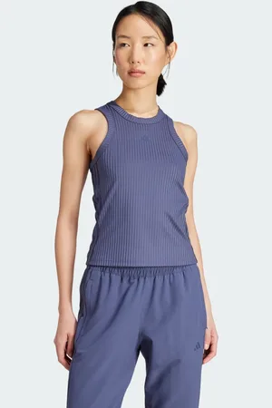 adidas Playera Sin Mangas Ajustada All Gym Seasonal Rib 3 Franjas Tonales Shadow Azul - Mujer