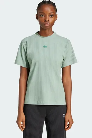 adidas Playera Essentials Acanalado Ancho Plata Verde - Mujer