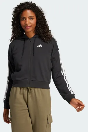 adidas Chamarra Con Gorro Essentials French Terry 3 Franjas Negro - Mujer
