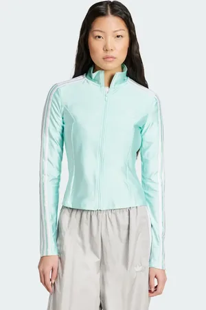 adidas Chamarra Deportiva Adicolor 3 Franjas Ajustada Semi Flash Aqua - Mujer