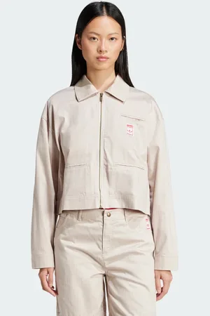 adidas Chamarra Cropped Con Cierre y Estampado Integral Beige - Mujer