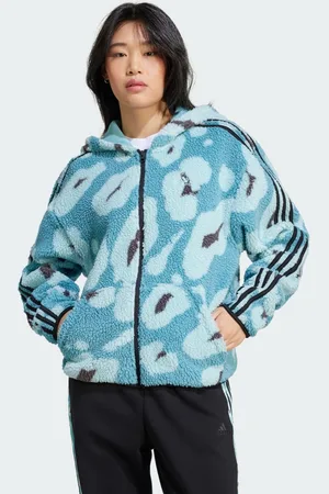 adidas Sudadera Con Gorro Essentials 3 Franjas Animal Print High Pile Cierre Completo Multicolor - Mujer