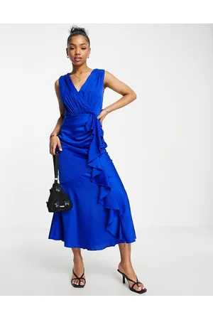 Little Mistress Plunge front satin midi dress in royal
