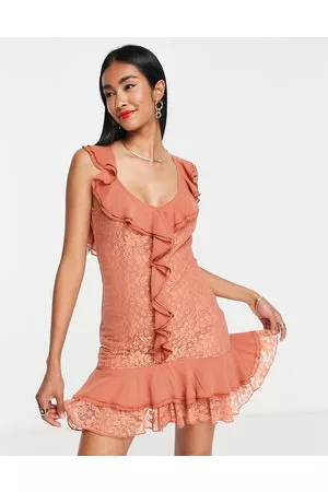 ASOS Mujer Cortos - Sleeveless ruffle detail lace mini dress in burnt