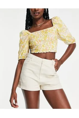 Monki High waist denim shorts in stone