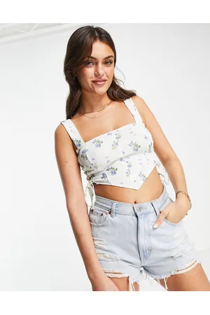 ASOS Corset detail top with ruched sides in blue ditsy floral print