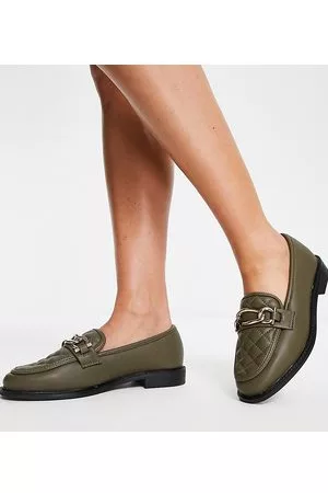 River Island Wide Fit chain detail quilted loafer in olive