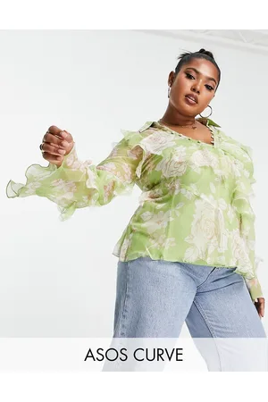 ASOS Curve v neck ruffle blouse with frill detail and button edge in green floral print