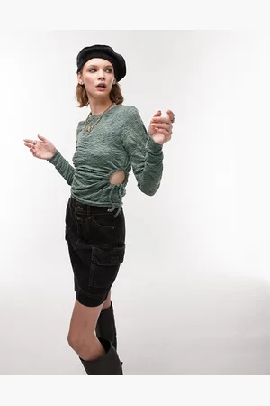 Topshop Textured long sleeve tie side top in sage