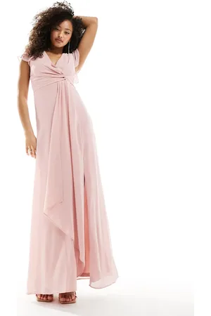 TFNC Bridesmaid flutter sleeve ruffle detail maxi dress in blush