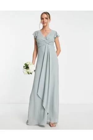 TFNC Bridesmaid flutter sleeve ruffle detail maxi dress in sage