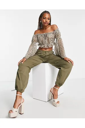 ASOS Off shoulder sheer top with flared sleeve in leopard print