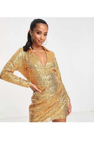 In The Style Petite Exclusive sequin plunge front collar detail mini wrap dress in