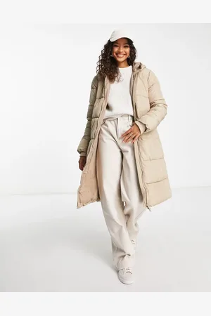 Pieces® Longline padded coat with hood in soft beige