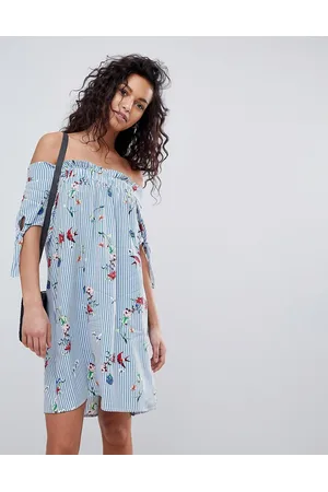 VILA Stripe floral mini bardot dress in blue