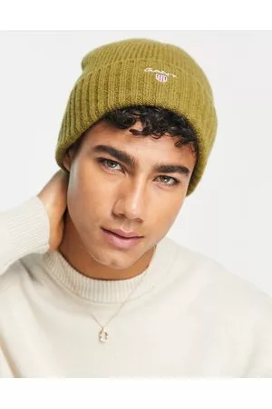 GANT Wool lined beanie in olive with logo