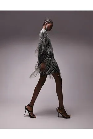 Topshop Long sleeved chevron beaded fringe mini dress in