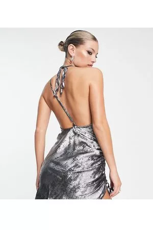 AsYou Ruched hammered satin cowl neck dress in silver