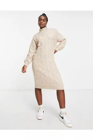 Monki Roll neck cable knitted mini dress in beige