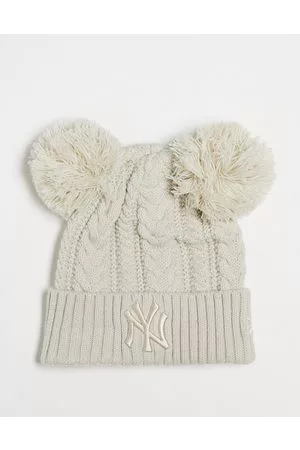 New Era NY double pom beanie in beige cable knit