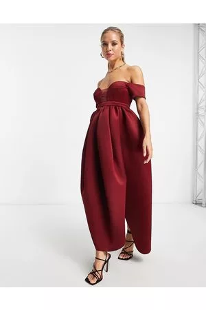 ASOS Off shoulder mesh insert cocoon maxi prom dress in wine