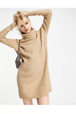 ONLY Roll neck knitted mini jumper dress in beige