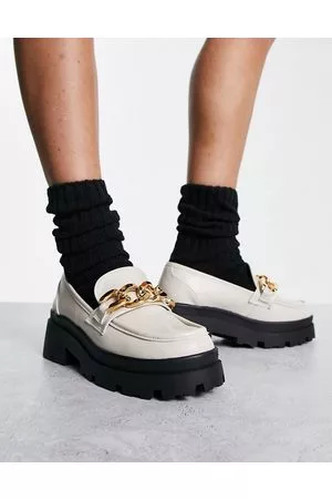 Urban Revivo Chunky loafers in off with gold chain trim