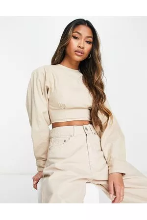 Wåven Puff sleeve blouse co-ord with open back in beige