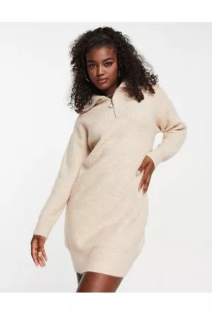Pimkie Half zip knitted mini dress in taupe