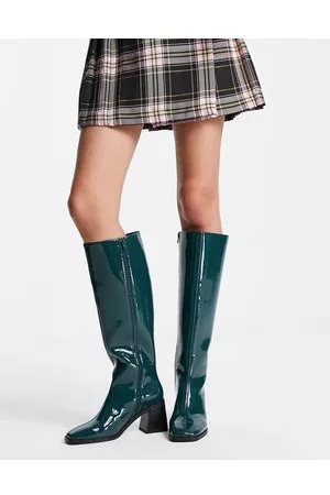 Monki Patent knee high boot in teal