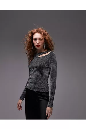 Topshop Slash neck metallic rib long sleeve top in silver