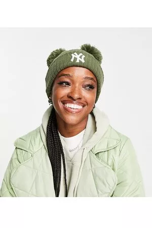 New Era Exclusive NY double pom beanie in khaki rib