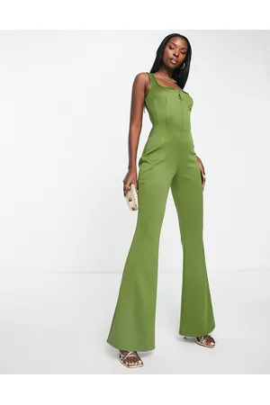 ASOS Jersey corset detail jumpsuit with flare leg in khaki