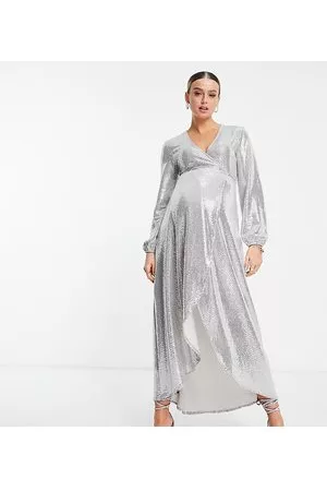 Flounce London Long sleeve wrap maxi dress in metallic sparkle