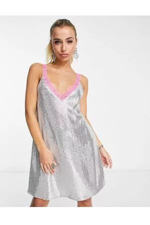 Flounce London Mujer Cortos - Mini metallic sparkle cami dress with contrasting lace trim