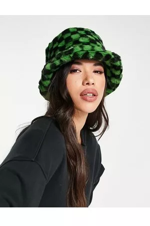 Jayley Faux fur bucket hat in green check