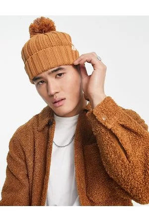 Farah Logo chunky ribbed bobble beanie hat in tan