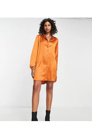 Flounce London Satin mini shirt dress in burnt