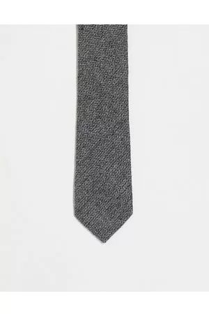 Noak Wool slim tie in grey and black chevron weave
