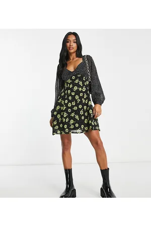 New Look Mixed print puff sleeve long sleeve milkmaid mini dress in floral
