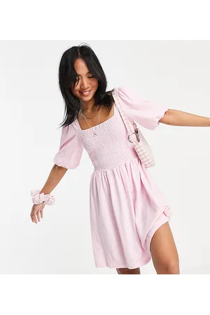 VERO MODA Cotton shirred mini skater dress with puff sleeves in