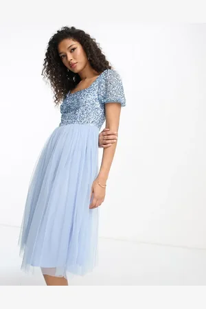 Maya Deluxe Bridesmaid puff sleeve midi dress in baby