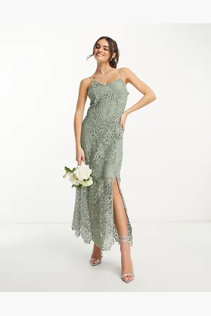 Y.A.S Bridesmaid embroidered strappy pencil midi dress in sage