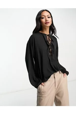 MANGO Lace up v neck blouse in