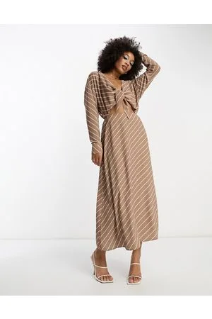 ASOS Cut out waist long sleeve midi dress in brown and white stripe