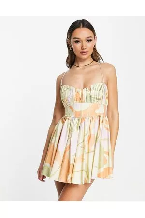 ASOS Mujer Cóctel - Cotton structured prom mini dress with corset detail in swirl print