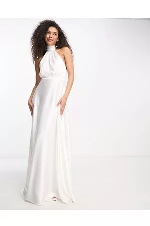 True Violet Bridal high neck prom maxi gown with pockets in ivory