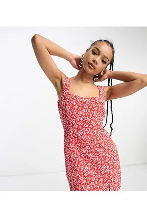 Glamorous 90s square neck fitted mini dress in red leaf floral