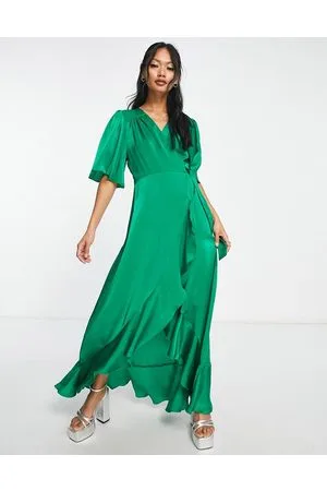 Flounce London Satin flutter sleeve wrap front maxi dress in bold